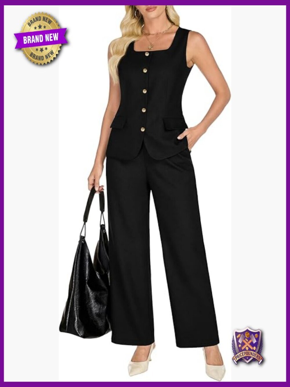 Dressy 2 Piece Pantsuit Set Sleeveless Blazer Vest Wide Leg Pants Business